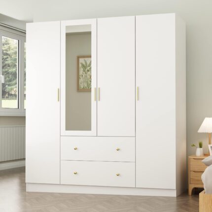 Wardrobe Armoire with Mirror, 5-Tier Shelves, 2 Drawers, 2 Hanging Rods and 4 Doors, Wooden Closet Storage Cabinet for Bedroom, White (63”W x 19.7”D x 70.9”H)